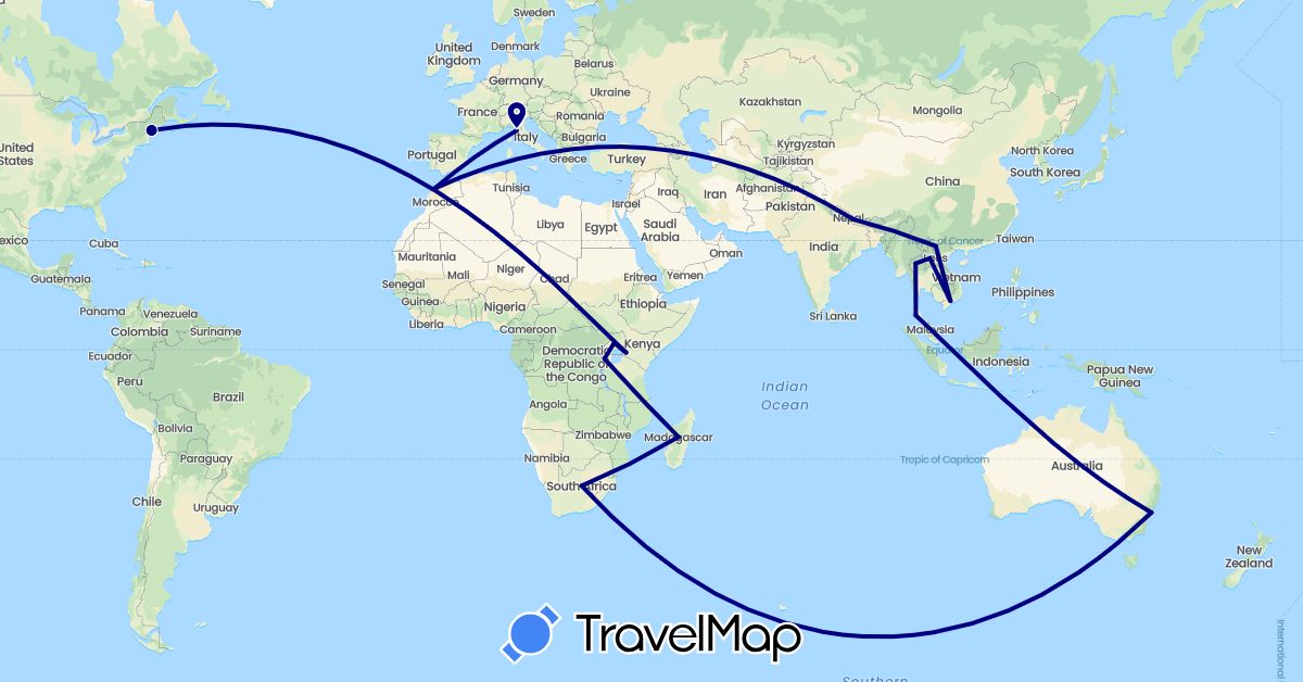 TravelMap itinerary: driving in Australia, Italy, Kenya, Laos, Morocco, Nepal, Rwanda, Thailand, Uganda, United States, Vietnam (Africa, Asia, Europe, North America, Oceania)